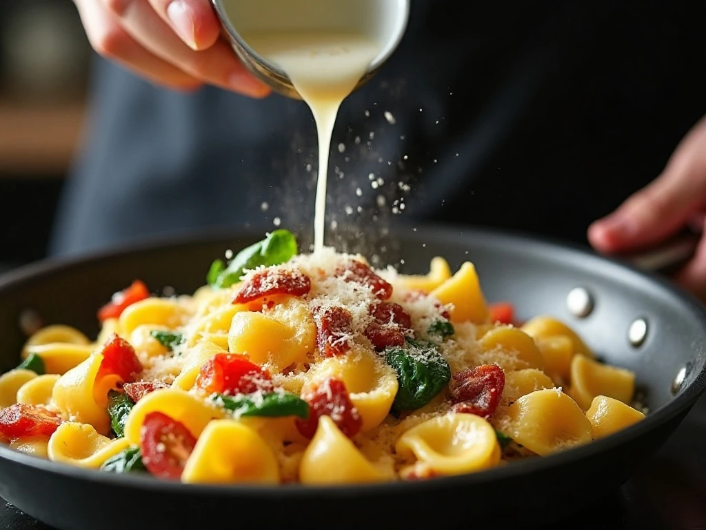 Adding reserved pasta water to creamy farfalle sauce