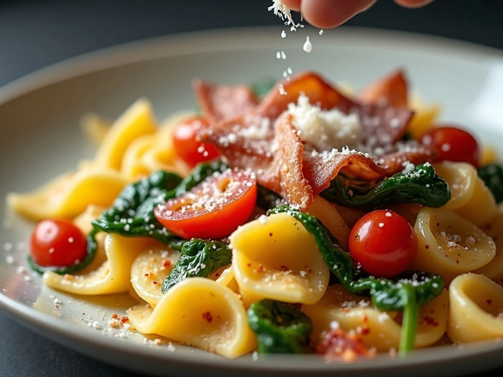 Parmesan garnish on bacon spinach tomato farfalle pasta