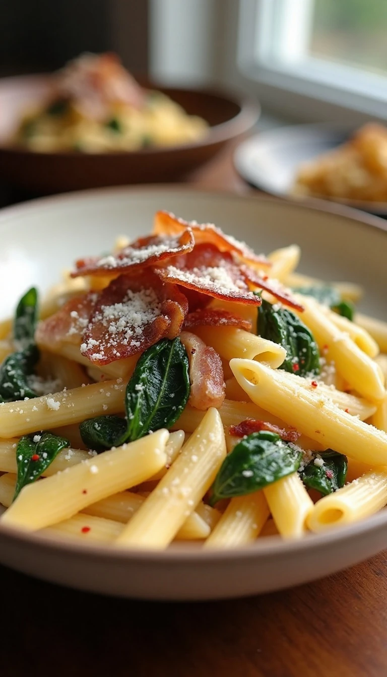 Creamy Bacon, Spinach, and Caramelized Onion Pasta Recipe