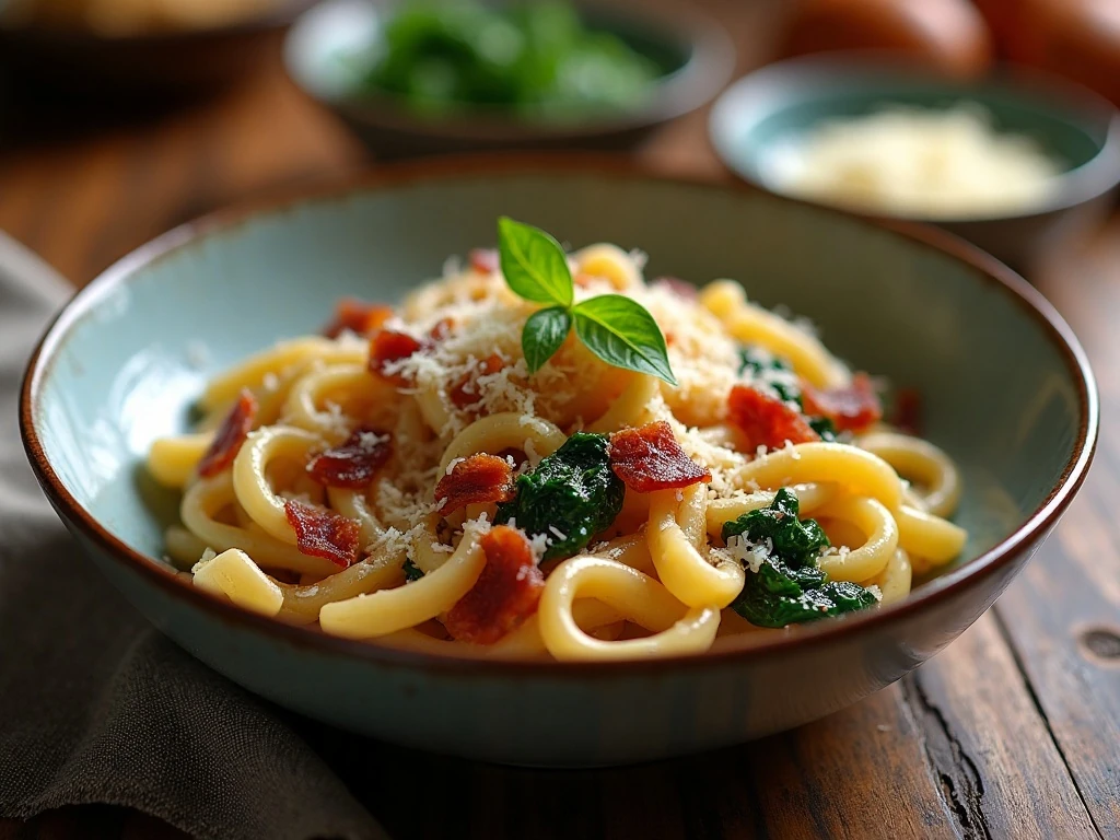 Creamy bacon spinach and caramelized onion pasta served in a bowl