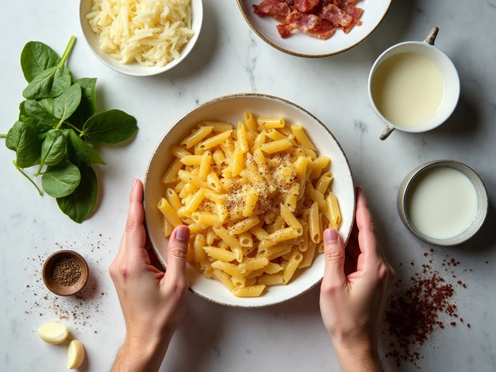 Ingredients for creamy bacon spinach and caramelized onion pasta
