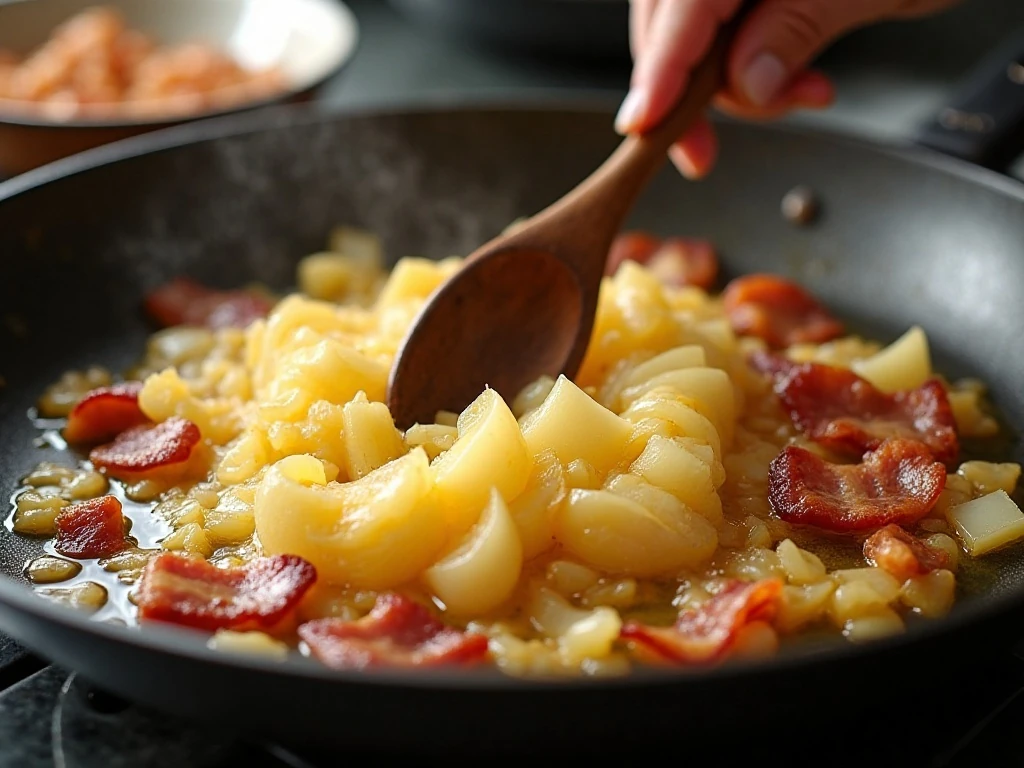 Caramelized onions cooking in a skillet for creamy pasta
