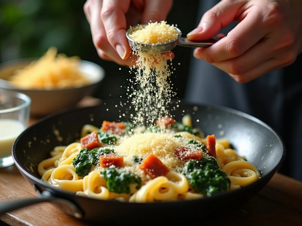 Adding Parmesan and pasta water to creamy pasta sauce