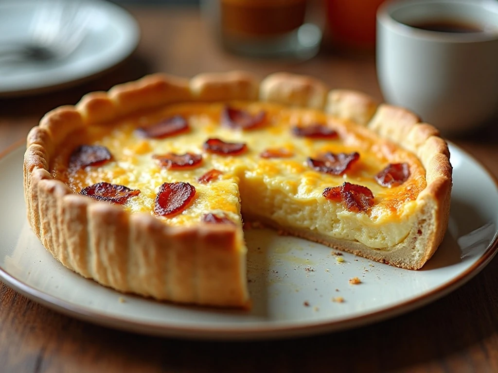 Golden bacon Swiss quiche ready for brunch