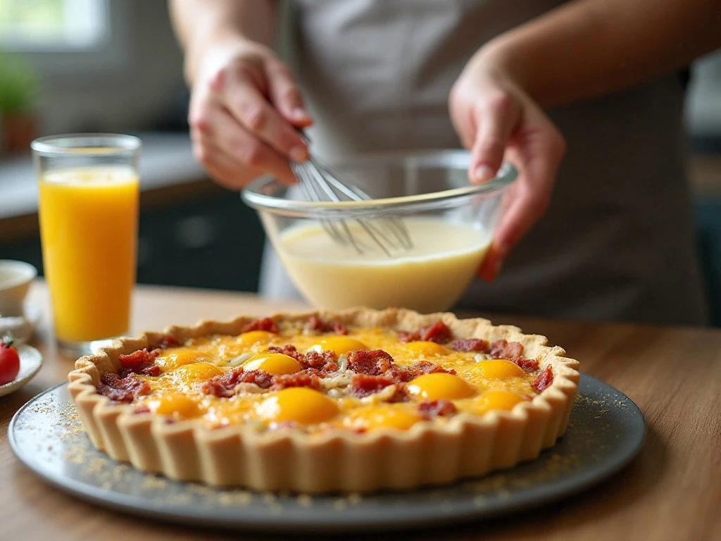 Whisking the custard for bacon Swiss quiche