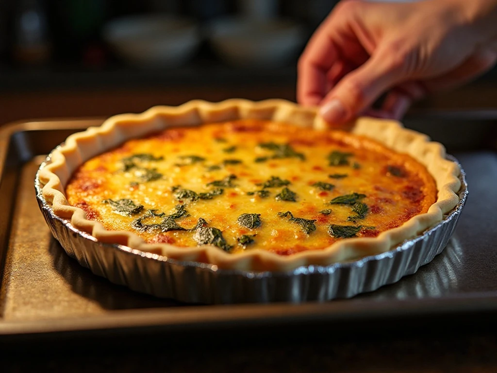 Bacon Swiss quiche baking on a rimmed sheet