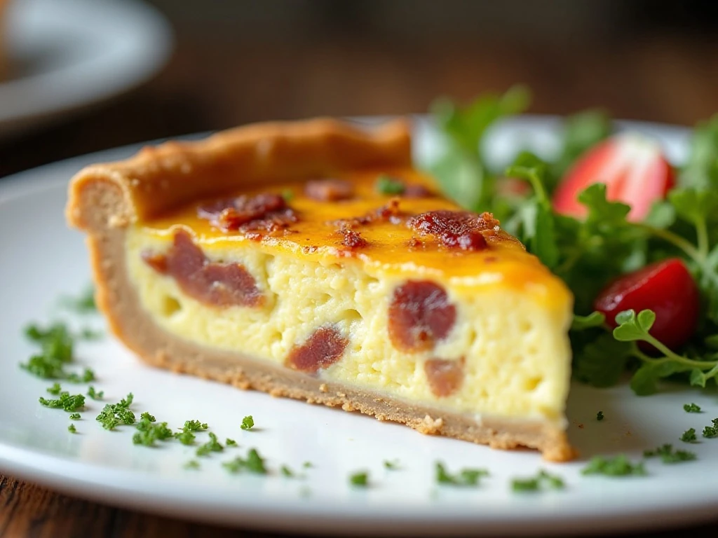 Bacon Swiss quiche slice served with brunch sides