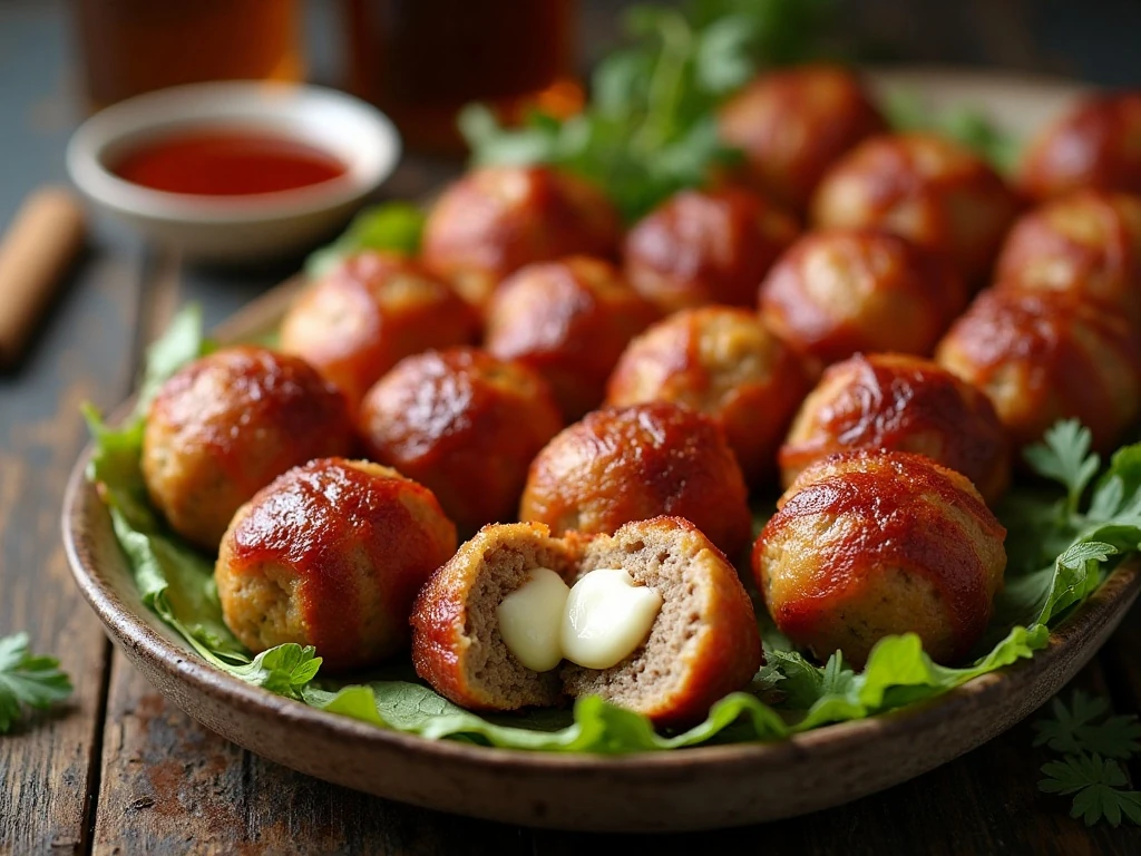 Bacon-wrapped cheese-stuffed meatballs with melted mozzarella centers