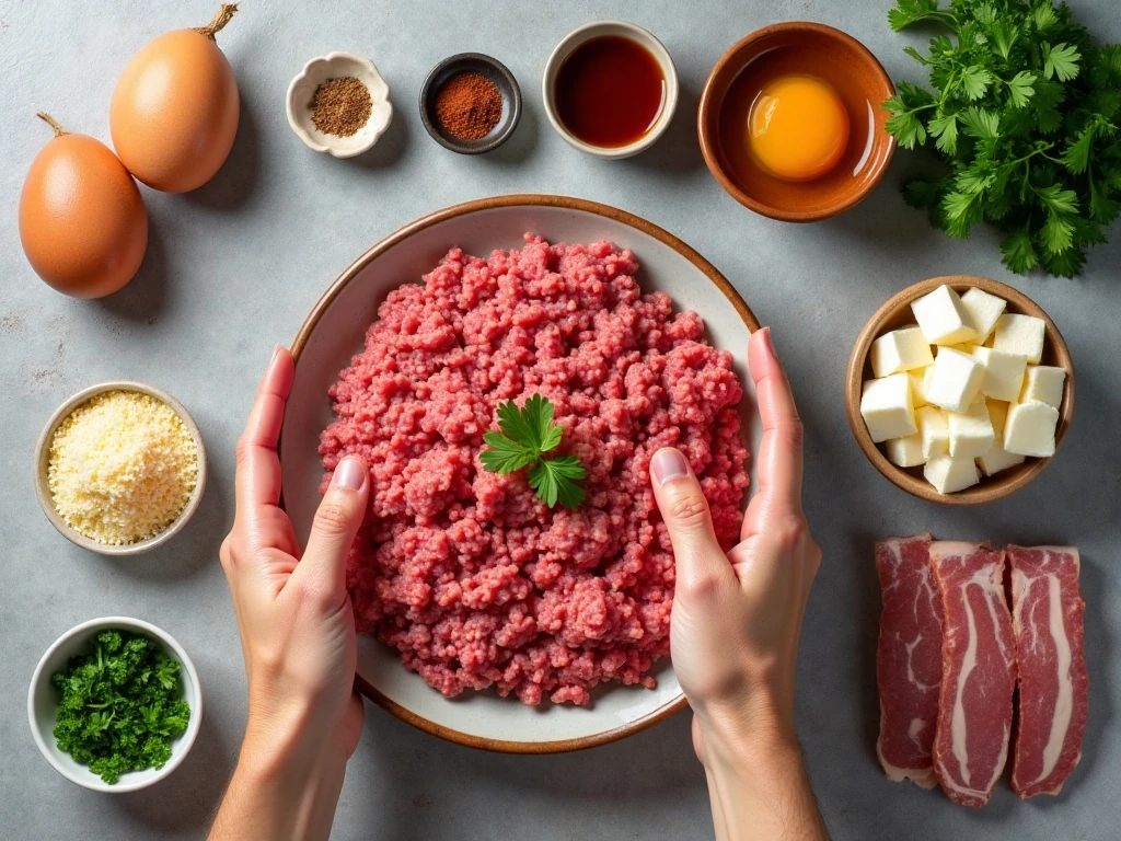 Ingredients for bacon-wrapped cheese-stuffed meatballs