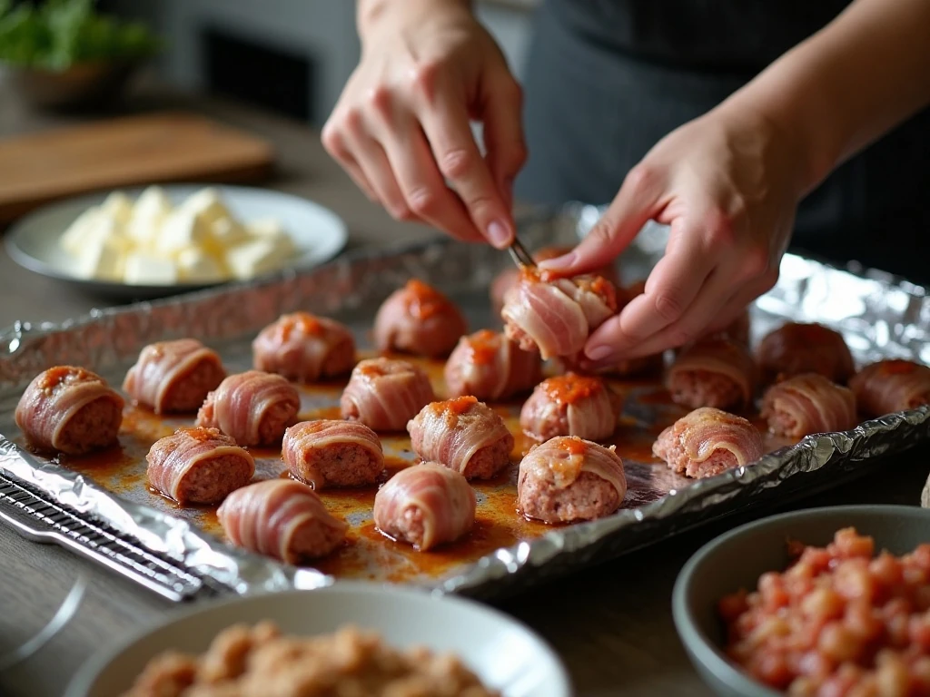 Wrapping meatballs with bacon before baking