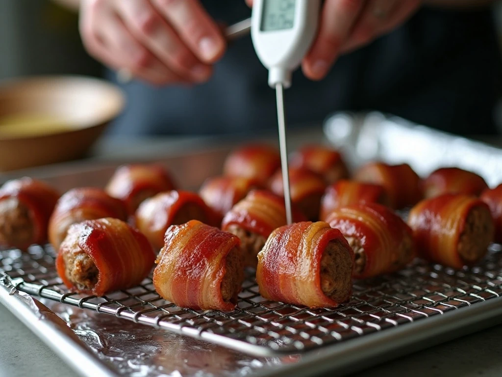 Bacon-wrapped meatballs browning on a wire rack