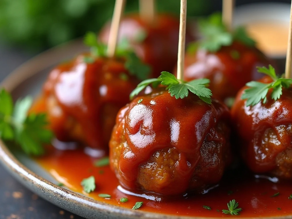 Barbecue-glazed bacon-wrapped meatballs garnished with parsley