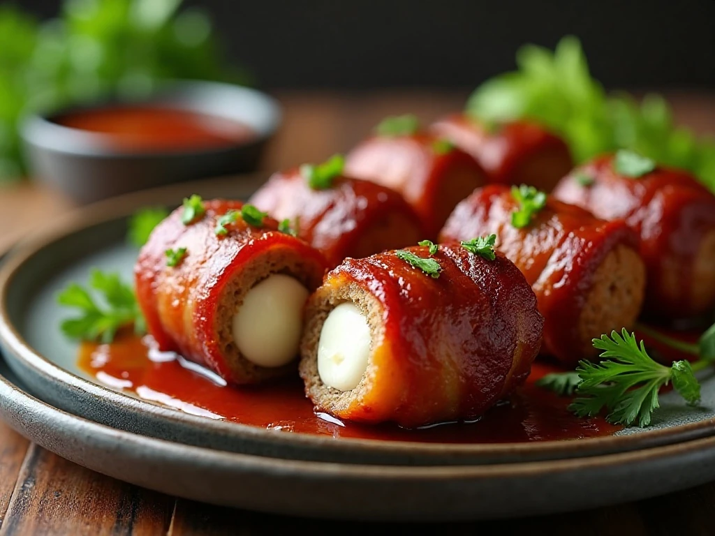 Finished platter of bacon-wrapped mozzarella-stuffed meatballs