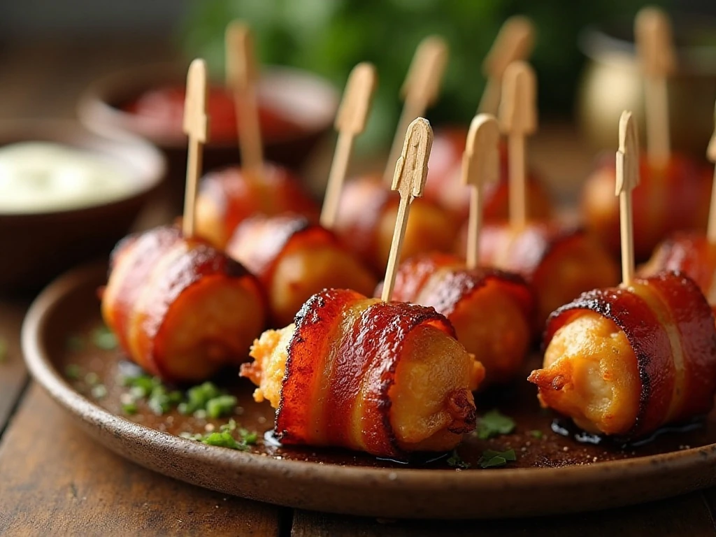 Platter of golden bacon-wrapped chicken bites with dipping sauces