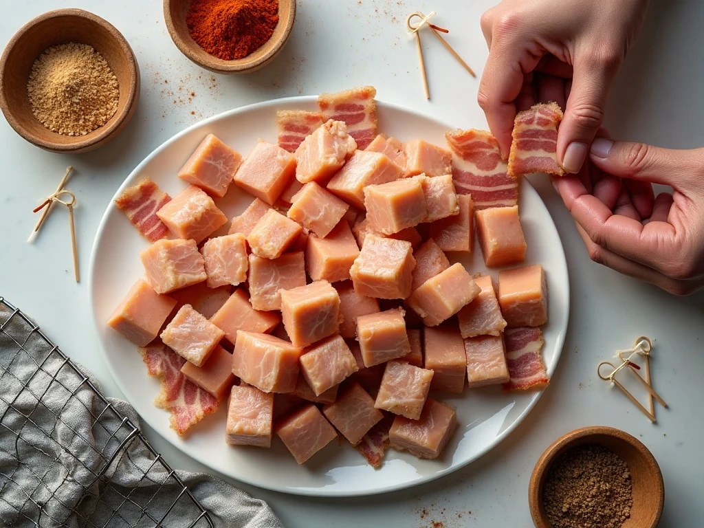Ingredients for bacon wrapped chicken bites arranged on a counter