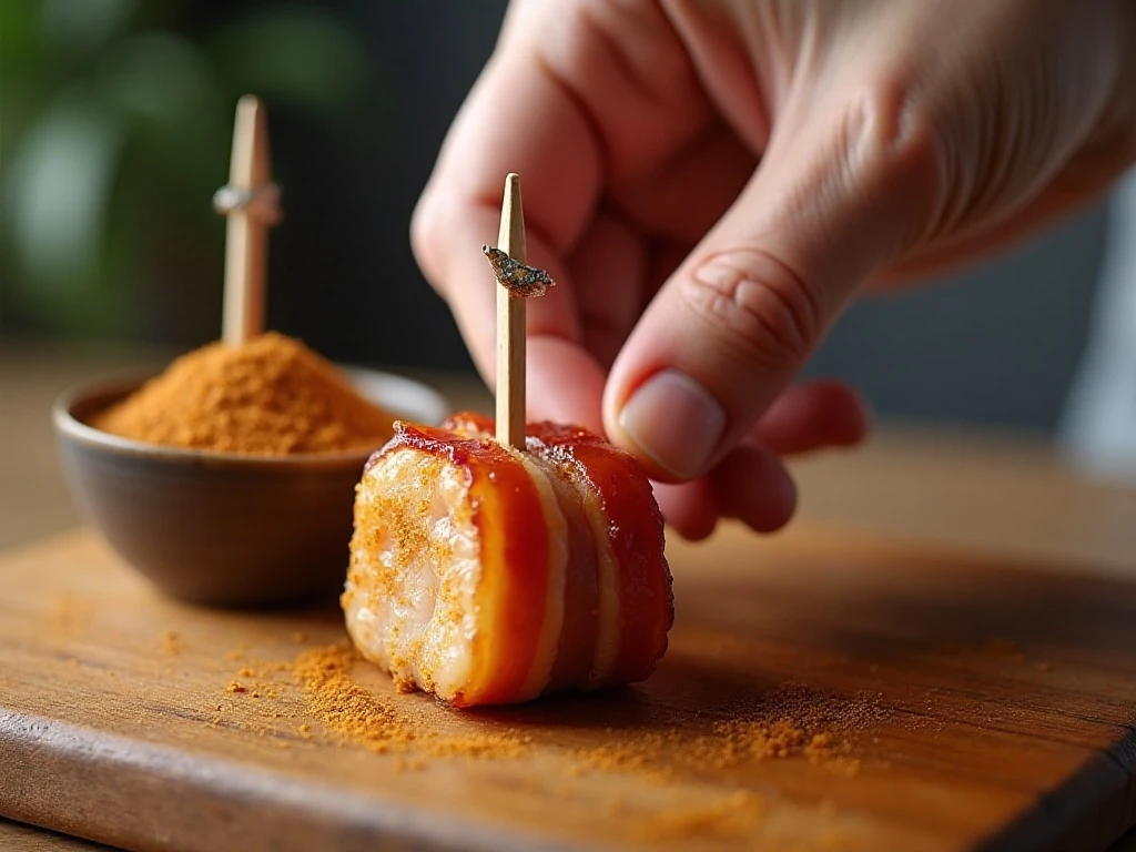 Wrapping bacon around chicken cubes for an appetizer