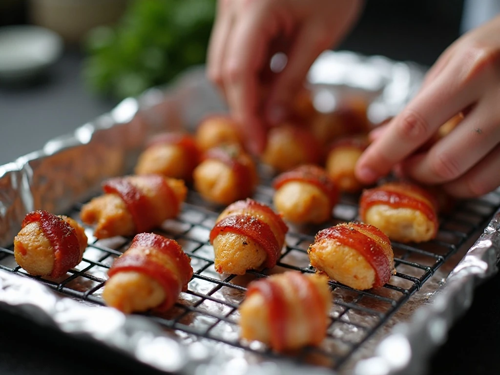 Bacon-wrapped chicken bites arranged on a wire rack before baking