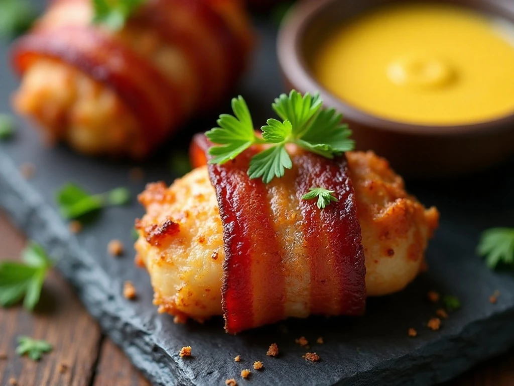 Close-up bacon-wrapped chicken bite with caramelized coating and dipping sauce