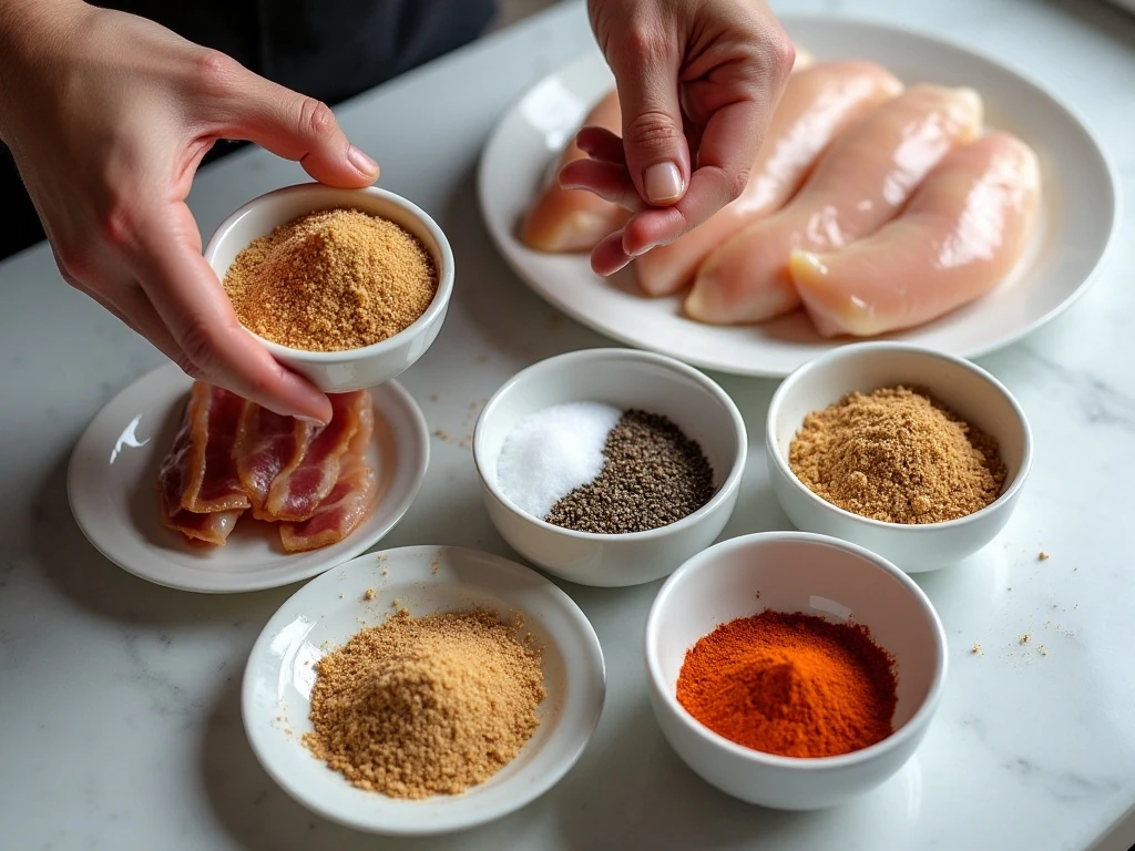 Ingredients for crispy bacon-wrapped chicken strips arranged for cooking