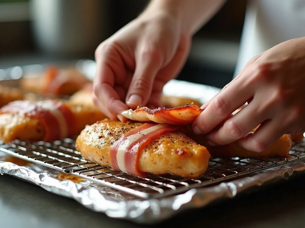 Chicken strips being wrapped in bacon before baking