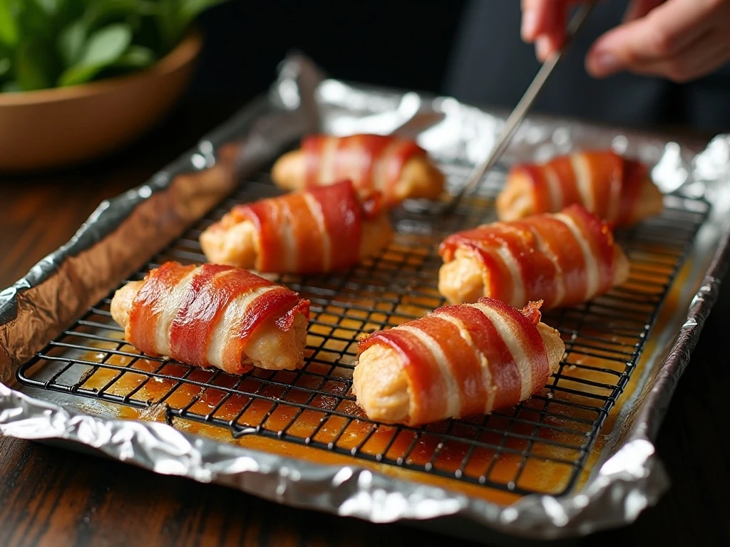 Bacon-wrapped chicken strips baking on a wire rack for crispness