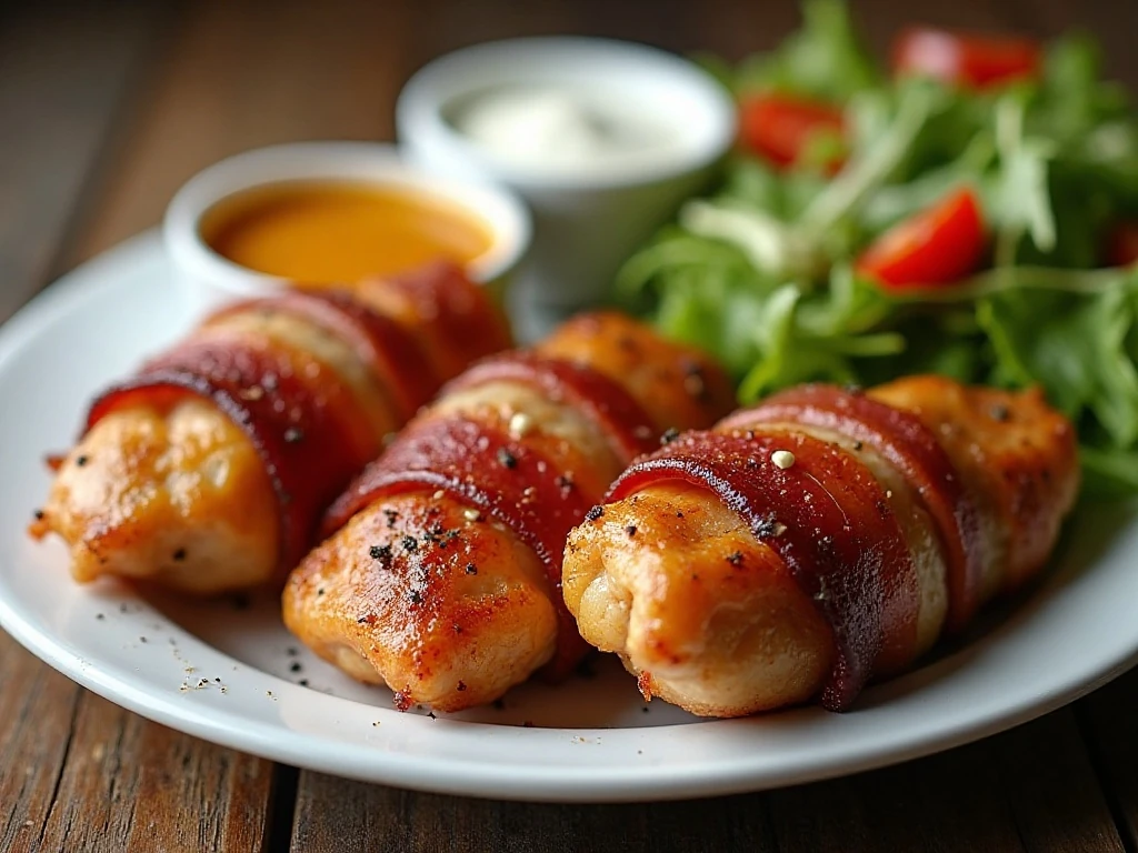 Crispy bacon-wrapped chicken strips served with vegetables and dipping sauces
