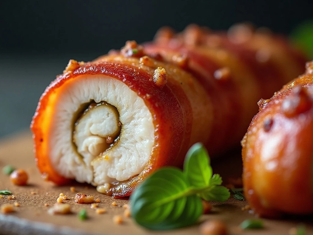 Close-up of juicy chicken and crisp bacon coating