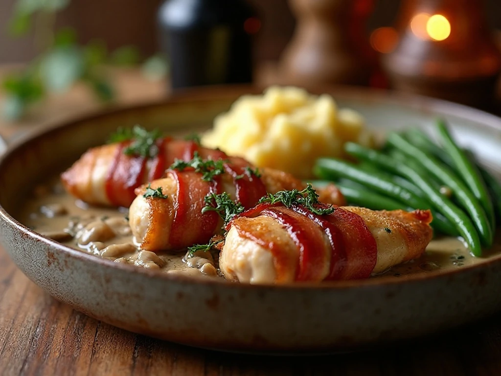 Bacon-wrapped chicken with dried beef served in creamy mushroom sauce