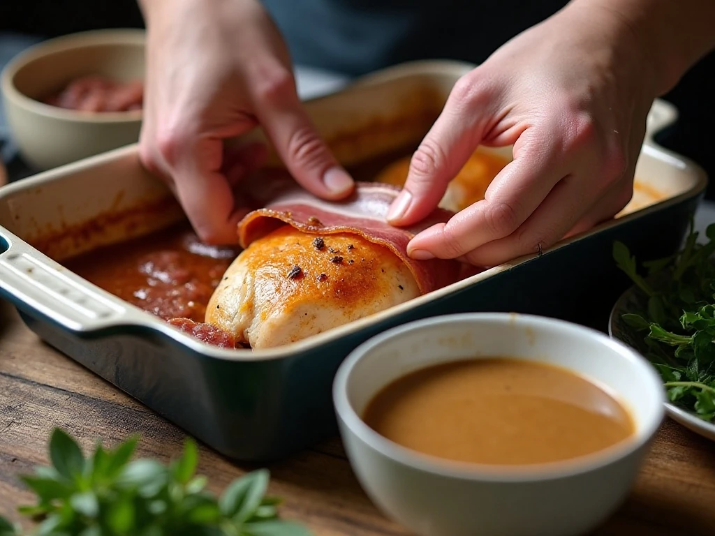 Wrapping bacon around chicken over dried beef before baking