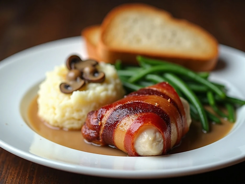 Bacon-wrapped chicken dinner with mashed potatoes and green beans