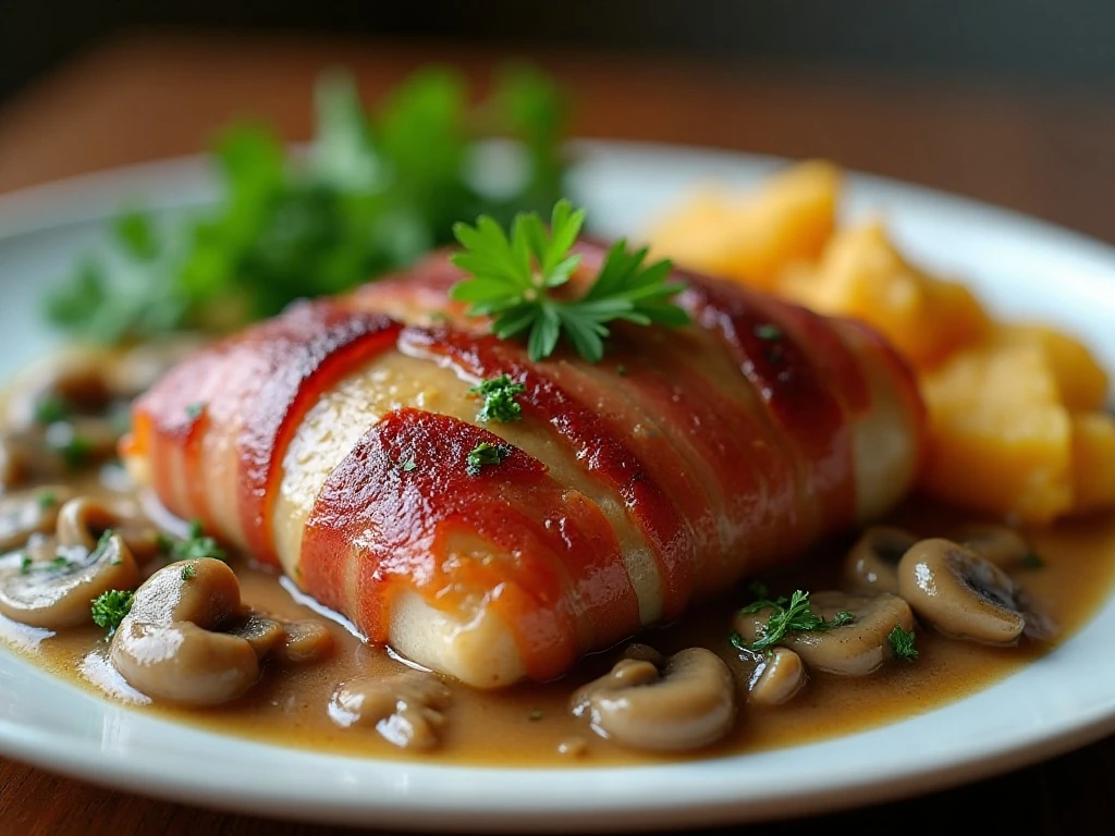 Stored bacon-wrapped chicken with creamy sauce