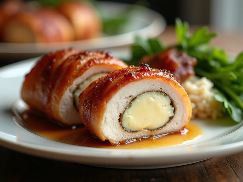 Sliced bacon-wrapped cream cheese stuffed chicken breast served with vegetables