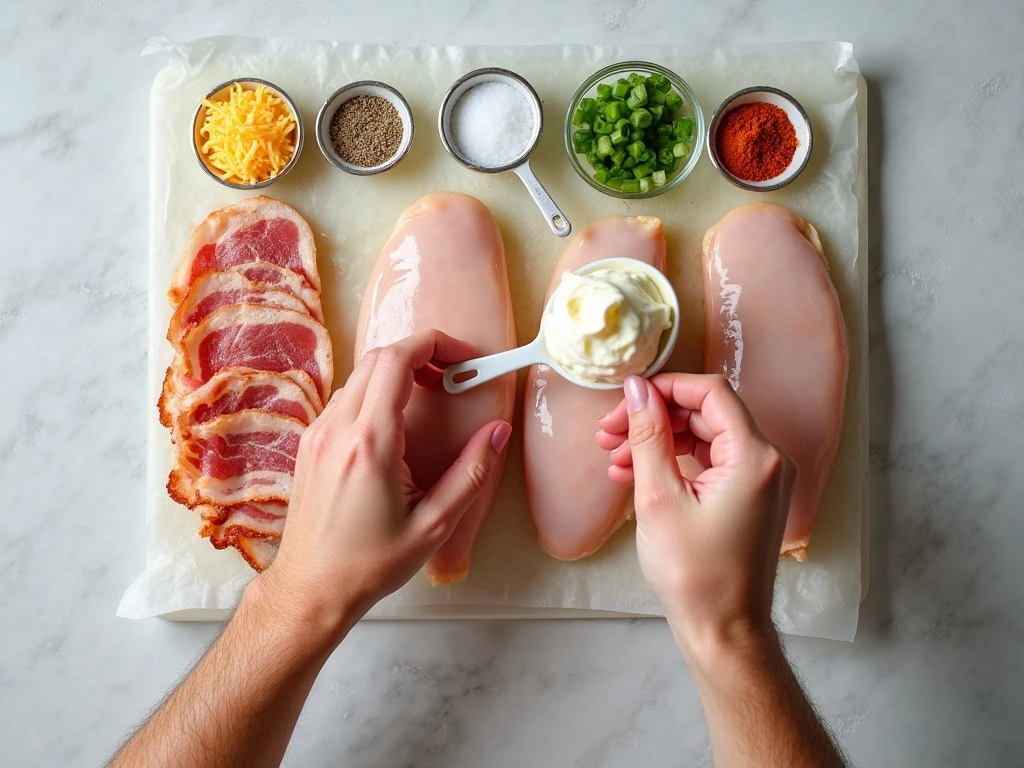 Ingredients for bacon-wrapped cream cheese stuffed chicken breast