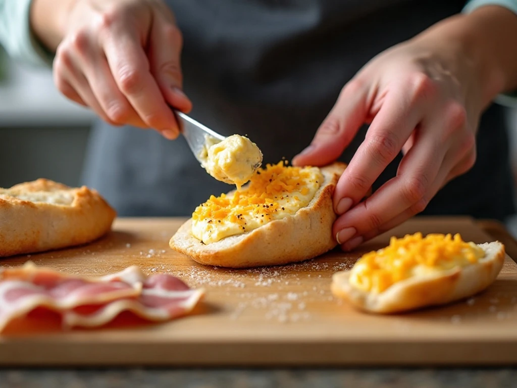 Filling a chicken breast pocket with cream cheese and cheddar