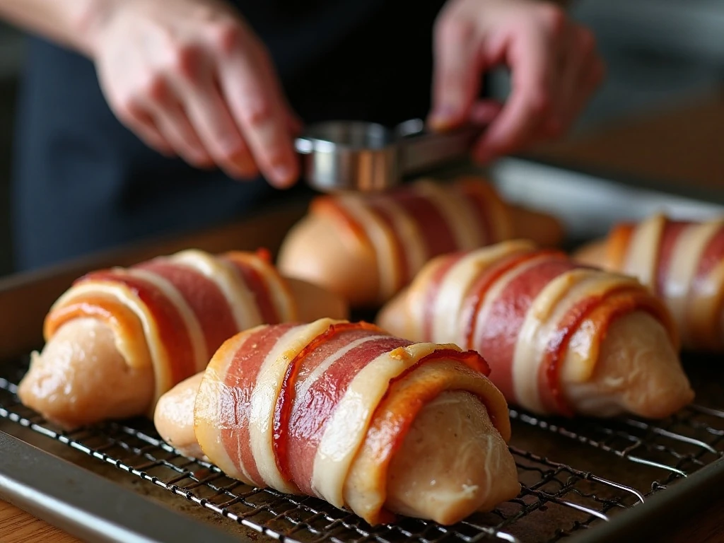 Bacon-wrapped stuffed chicken breasts ready to bake