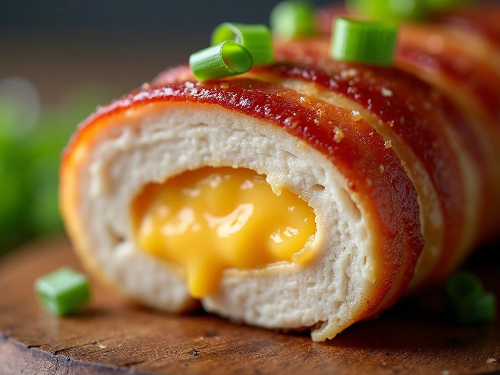 Close-up of creamy filling inside bacon-wrapped chicken breast