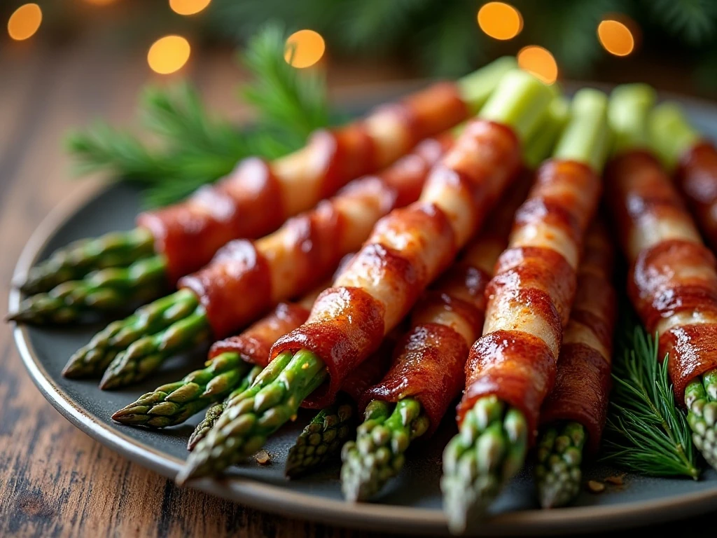 Bacon-wrapped Irish shillelagh asparagus sticks arranged on a serving platter
