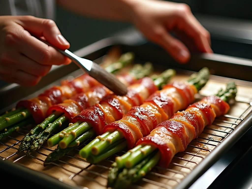 Glazed bacon-wrapped asparagus arranged on a wire rack before baking