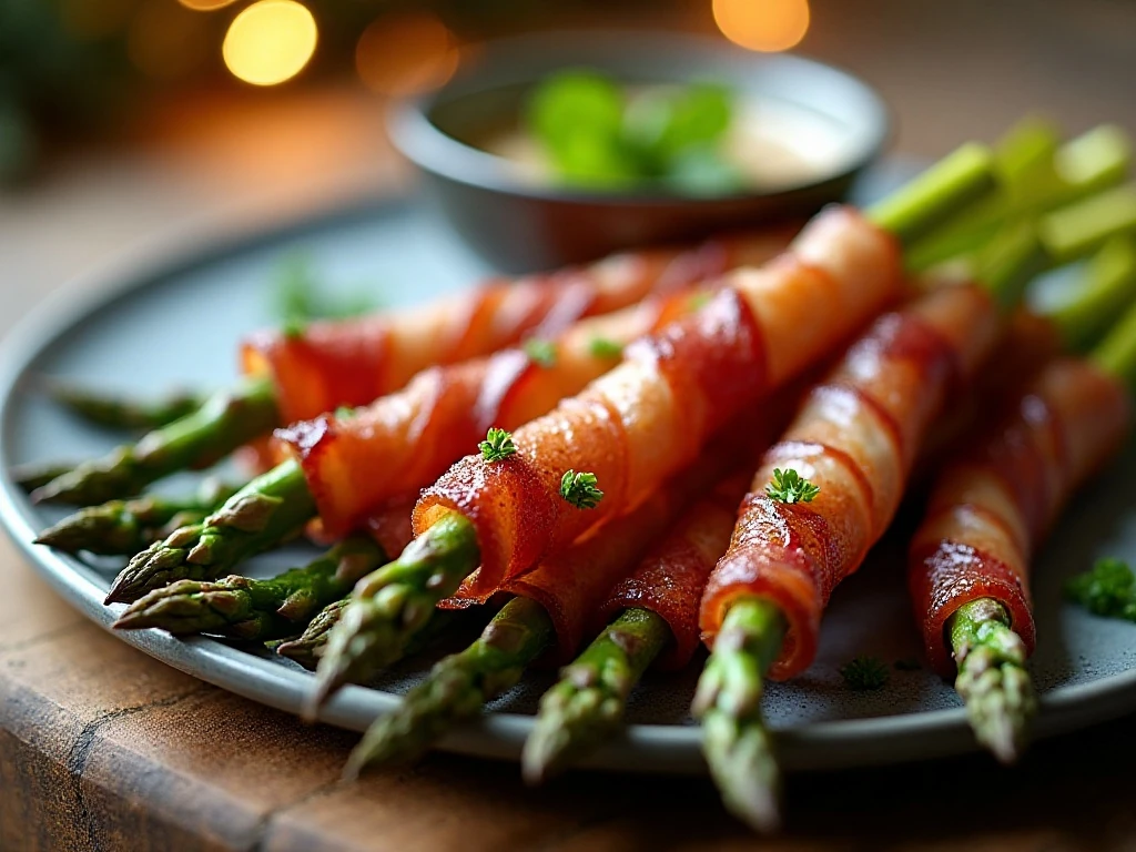Close-up of crispy bacon-wrapped asparagus sticks ready to serve