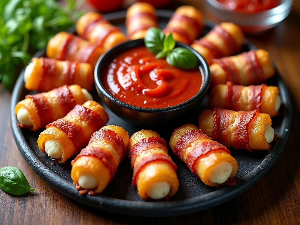 Crispy bacon-wrapped mozzarella sticks arranged around warm marinara sauce