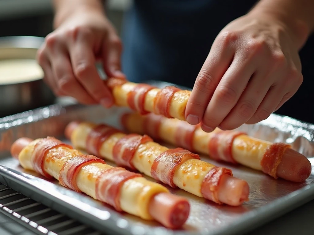 Wrapping chilled mozzarella sticks with thin-cut bacon before baking