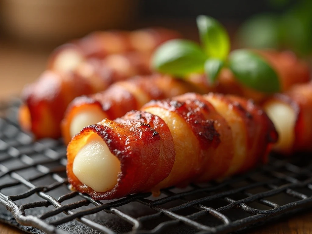 Close-up showing crisp bacon and gooey mozzarella inside a baked cheese stick