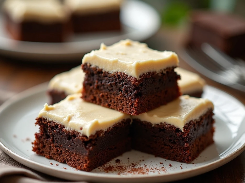 Stack of fudgy Baileys brownies with Irish cream frosting