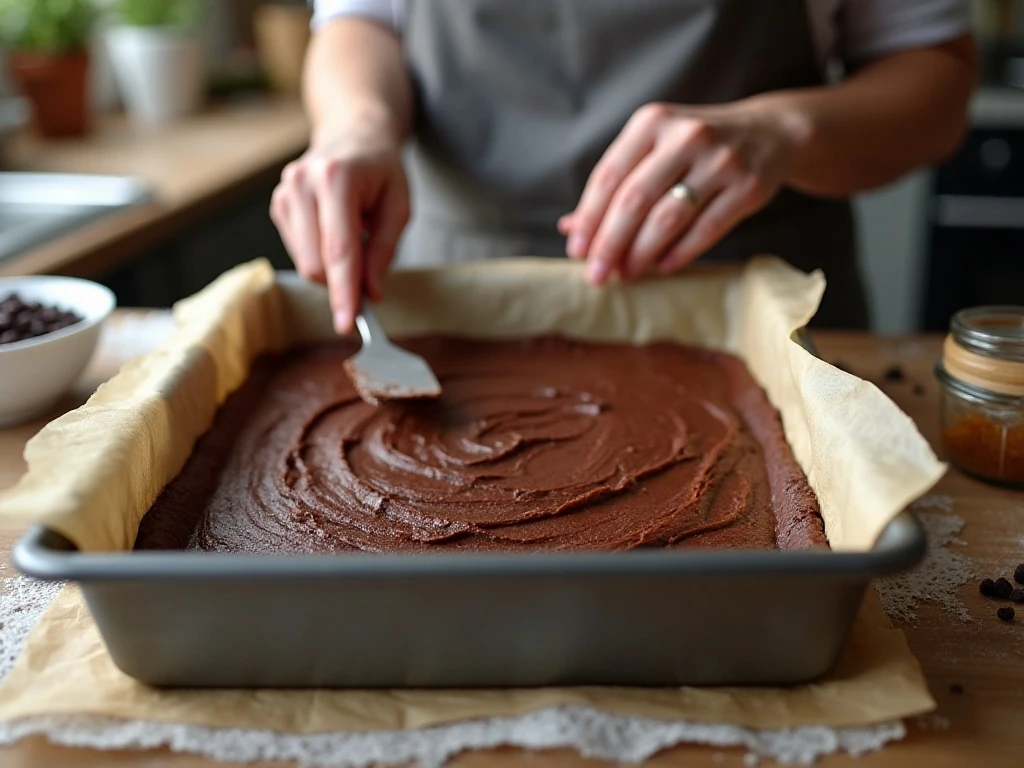 Brownie batter spread in a parchment-lined baking pan