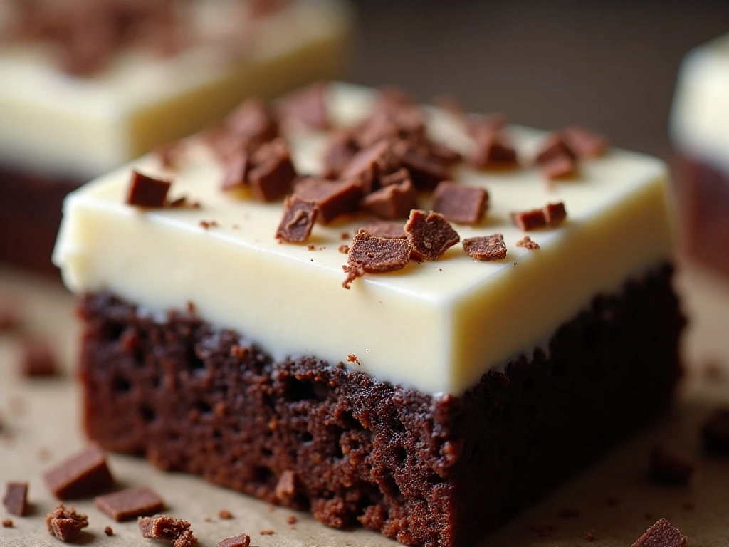 Irish cream frosting and chocolate shavings on a brownie