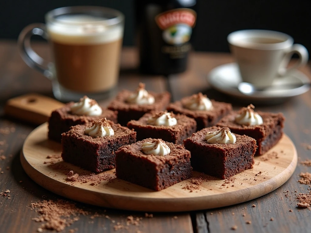 Served Baileys brownies with chocolate garnishes and coffee