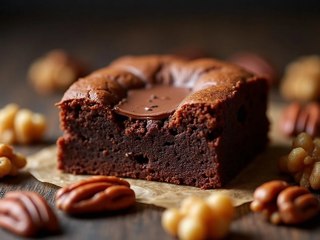 Close-up of a fudgy brownie center with toasted nuts