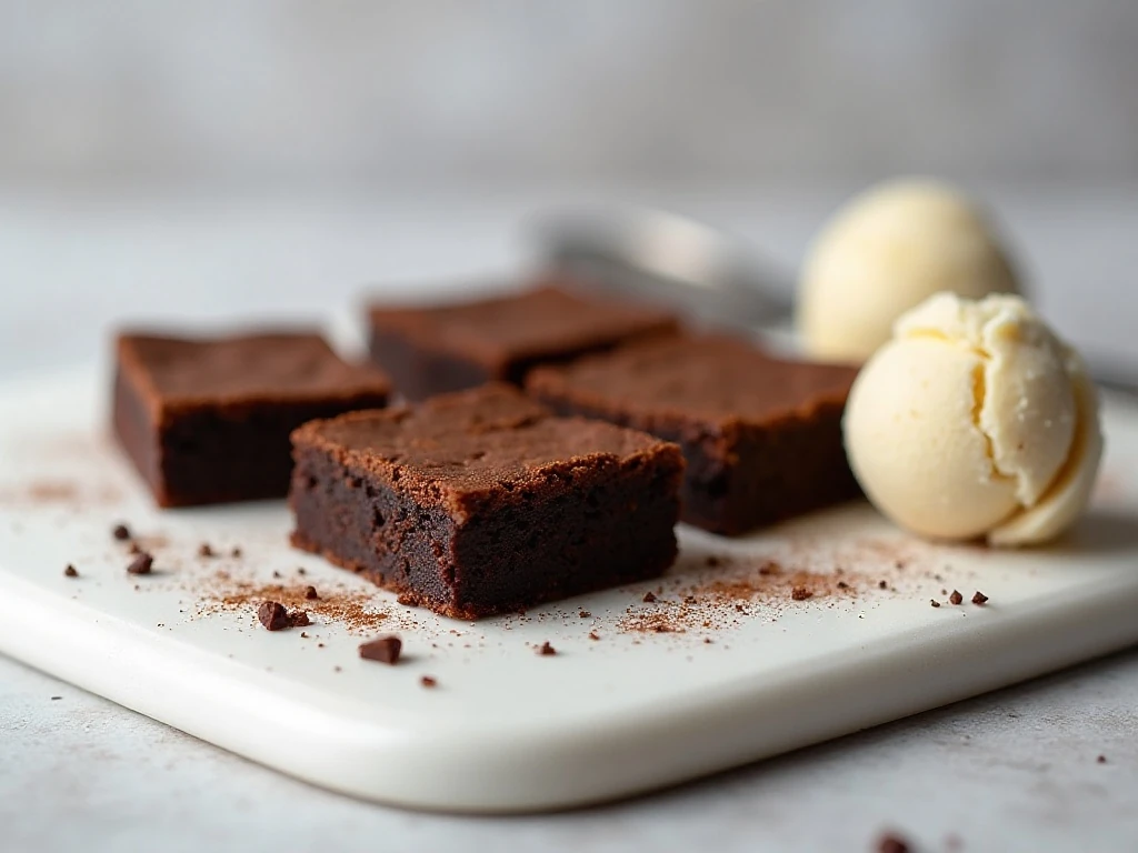 Brownie squares served with vanilla ice cream