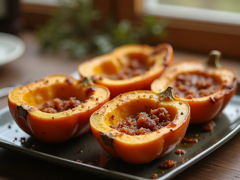Four tender baked acorn squash halves with buttery brown sugar topping