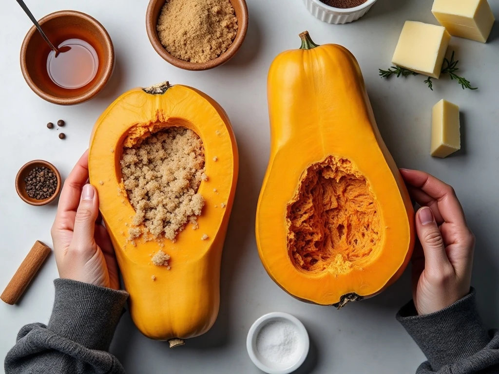 Ingredients for baked acorn squash with butter, brown sugar, and spices
